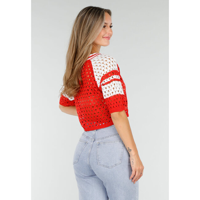 Rot-weißes, gehäkeltes Jersey-Crop-Top mit Nummernaufdruck