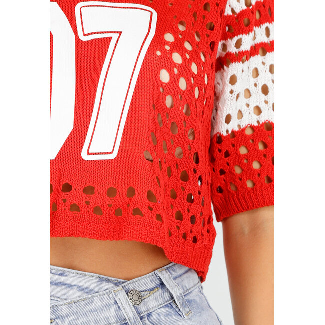 Rot-weißes, gehäkeltes Jersey-Crop-Top mit Nummernaufdruck