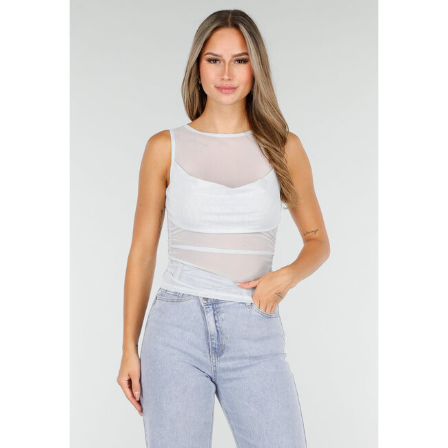 Hellblaues Mesh-Crop-Top mit Rüschendetail und Stretch