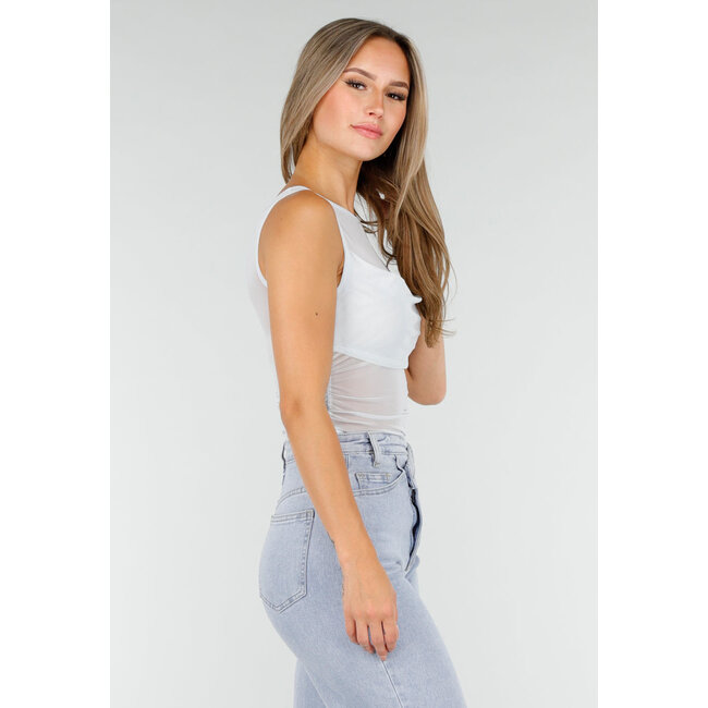 Hellblaues Mesh-Crop-Top mit Rüschendetail und Stretch