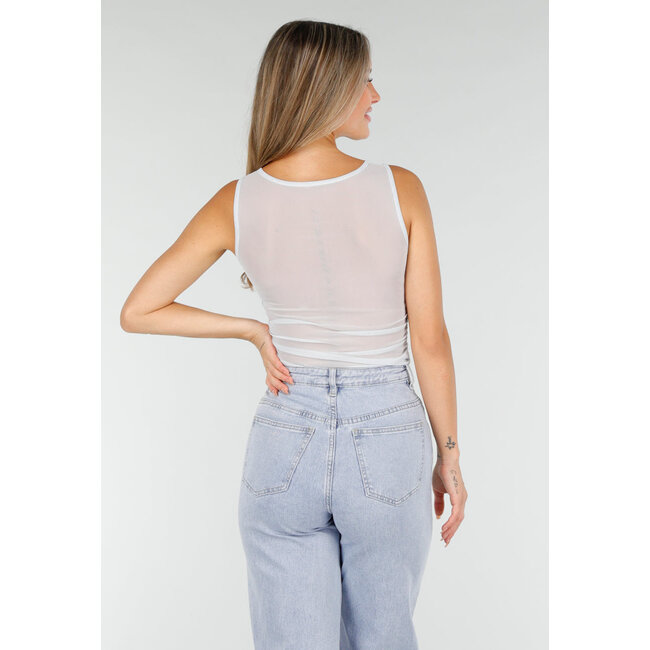 Hellblaues Mesh-Crop-Top mit Rüschendetail und Stretch
