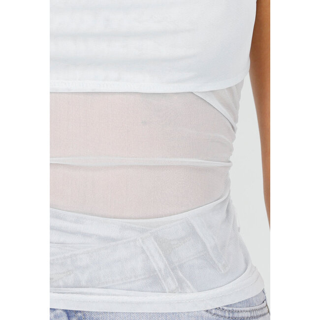 Hellblaues Mesh-Crop-Top mit Rüschendetail und Stretch