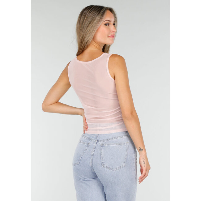 Rosa Mesh-Crop-Top mit Rüschendetail und Stretch