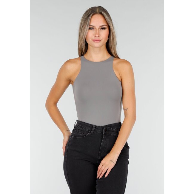 Grauer Stretch-Bodysuit mit hohem Halsausschnitt und String-Rückseite