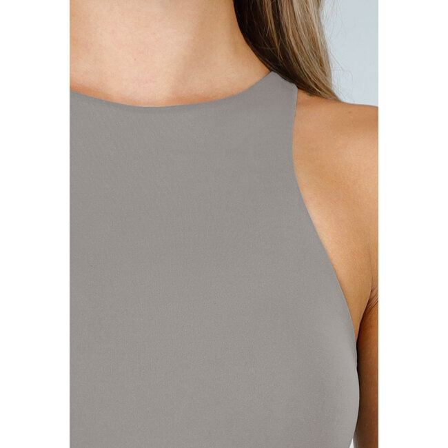 Grauer Stretch-Bodysuit mit hohem Halsausschnitt und String-Rückseite