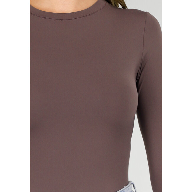 Brauner String-Bodysuit mit langen Ärmeln und Stretch