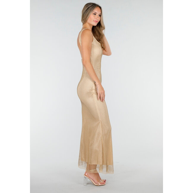 Nude Langes Glitzerkleid mit Strasssteinen und Stretch