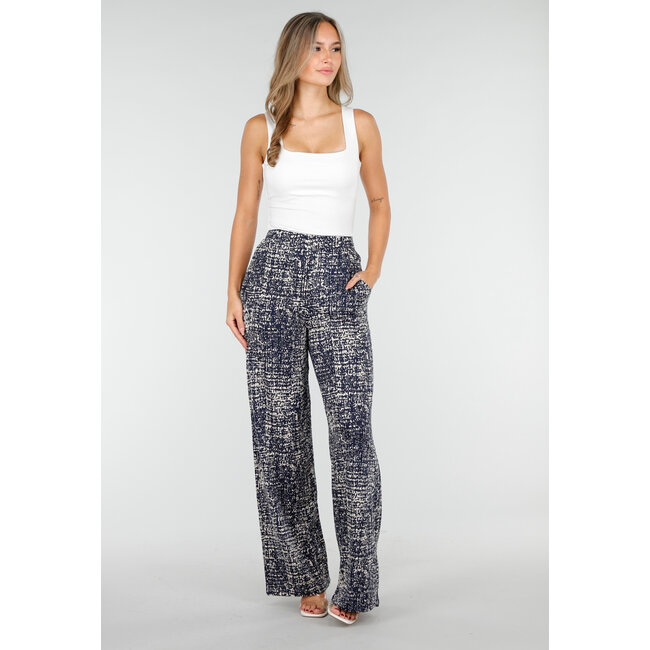 Dark Blue Wide Leg Pants with Beige Print