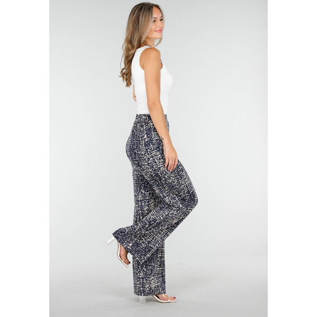 Dark Blue Wide Leg Pants with Beige Print