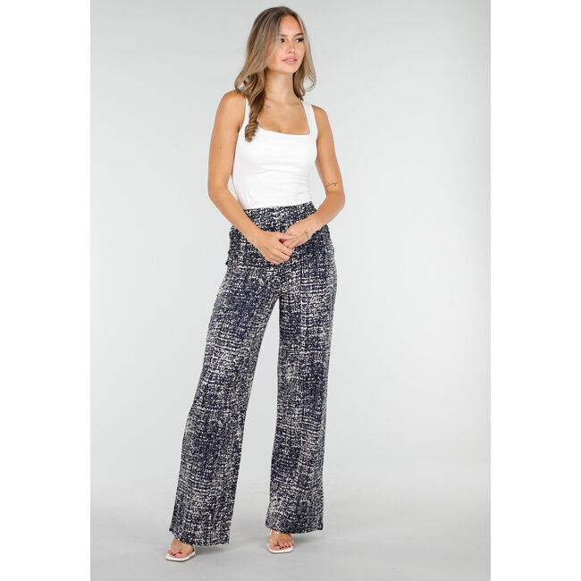 Dark Blue Wide Leg Pants with Beige Print