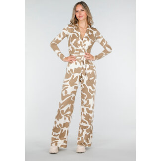 Beigefarbener Stretch-Jumpsuit mit Fleckenmuster
