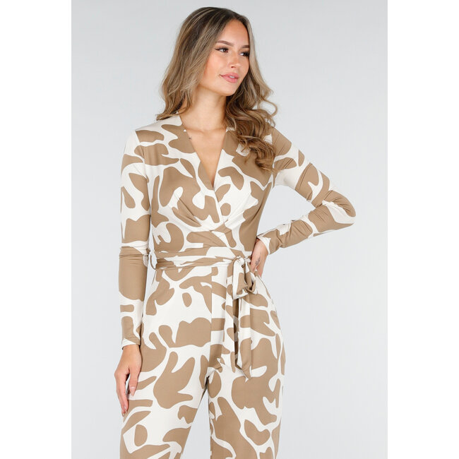 Beige-weißer Stretch-Jumpsuit mit abstraktem Print
