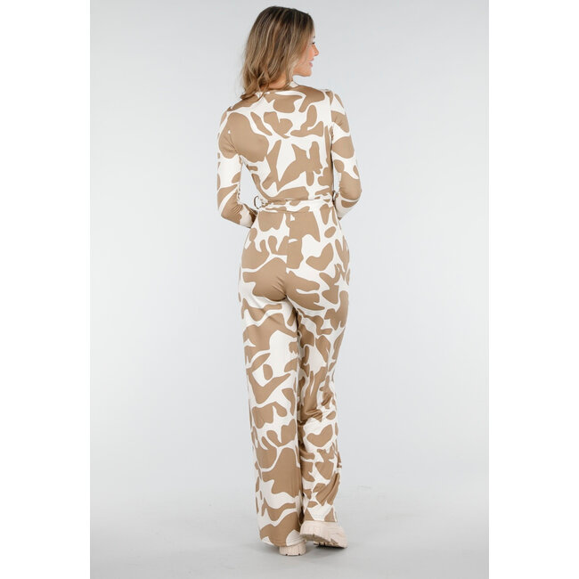 Beige-weißer Stretch-Jumpsuit mit abstraktem Print