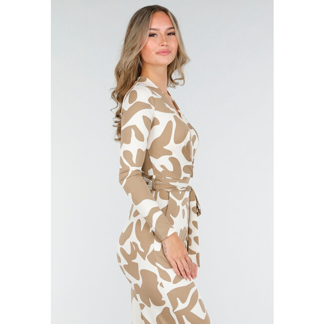 Beige-weißer Stretch-Jumpsuit mit abstraktem Print
