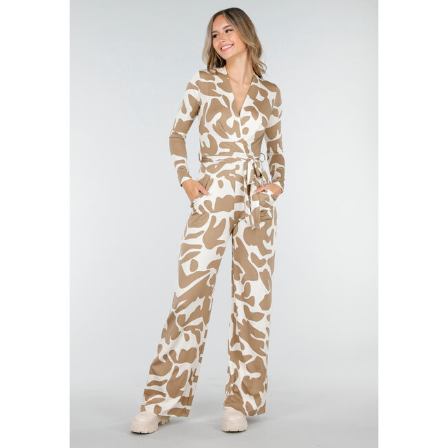 Beige-weißer Stretch-Jumpsuit mit abstraktem Print