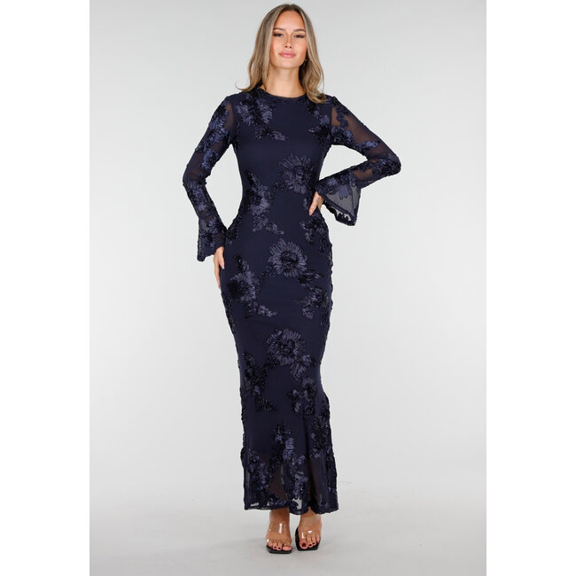Dark Blue Long Dress with Stretch and Floral Texture