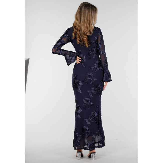 Dark Blue Long Dress with Stretch and Floral Texture