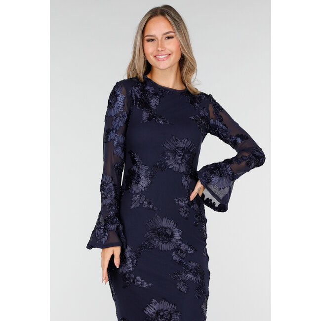 Dark Blue Long Dress with Stretch and Floral Texture