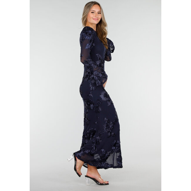 Dark Blue Long Dress with Stretch and Floral Texture