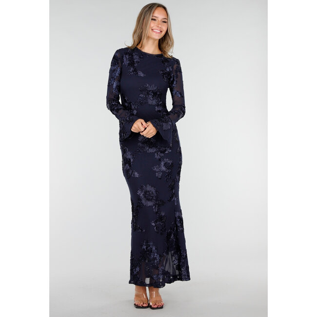 Dark Blue Long Dress with Stretch and Floral Texture