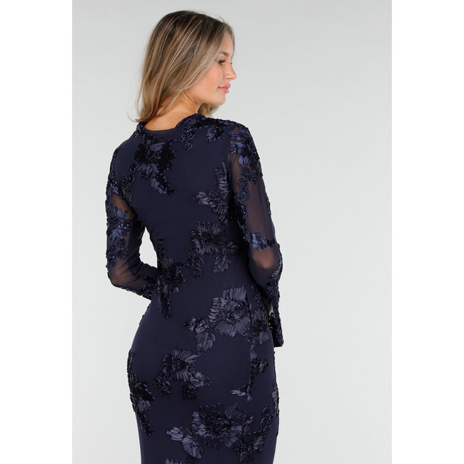 Dark Blue Long Dress with Stretch and Floral Texture