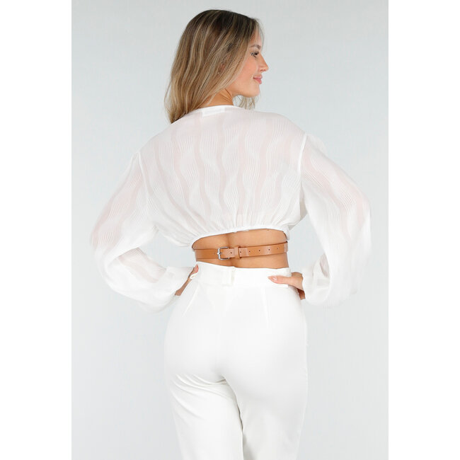 Weiße Crop-Bluse mit V-Ausschnitt und luftigen Ärmeln