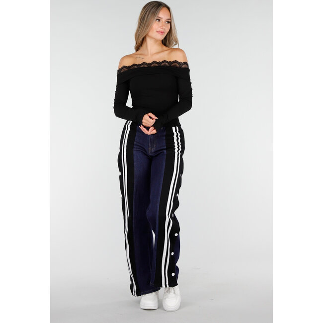 Schwarzes Off-Shoulder-Oberteil mit Spitze und langen Ärmeln