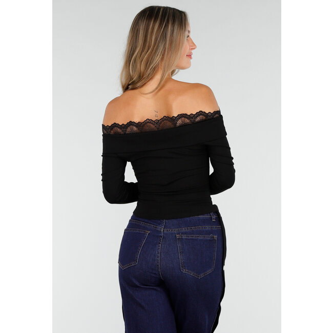 Schwarzes Off-Shoulder-Oberteil mit Spitze und langen Ärmeln