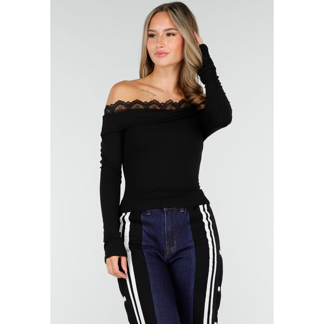 Schwarzes Off-Shoulder-Oberteil mit Spitze und langen Ärmeln