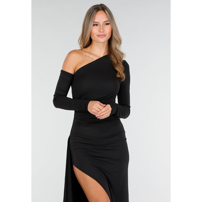 Schwarzes One-Shoulder-Kleid mit Schlitz und langen Ärmeln