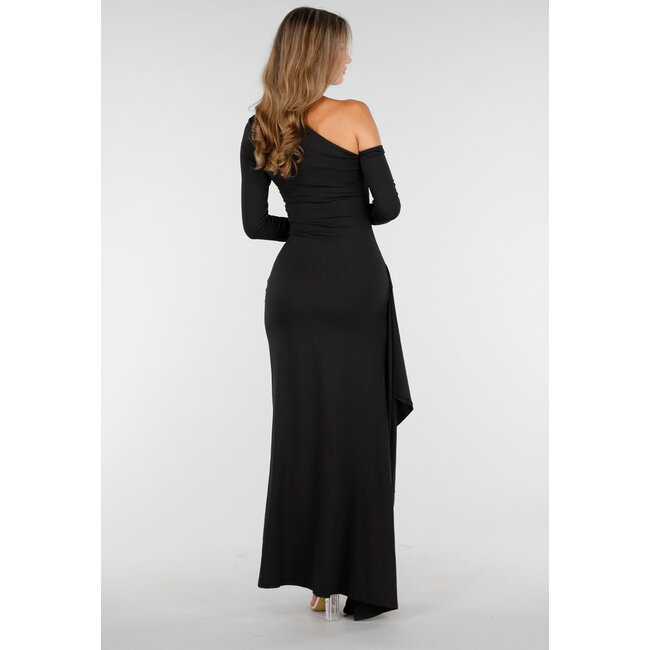 Schwarzes One-Shoulder-Kleid mit Schlitz und langen Ärmeln