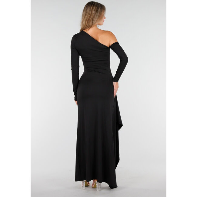 Schwarzes One-Shoulder-Kleid mit Schlitz und langen Ärmeln