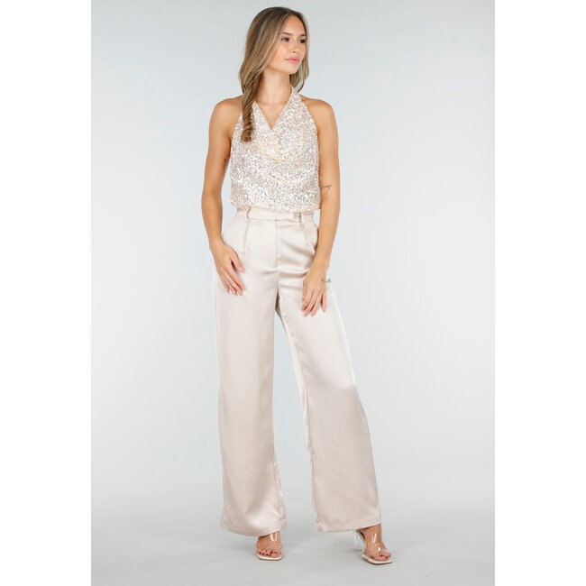 Champagnerfarbene Satinhose mit hoher Taille und weiten Beinen