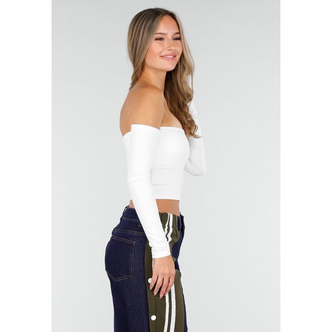 Weißes Off-Shoulder-Oberteil mit langen Ärmeln und Stretchstoff