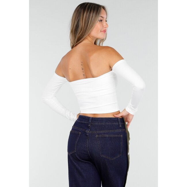 Weißes Off-Shoulder-Oberteil mit langen Ärmeln und Stretchstoff
