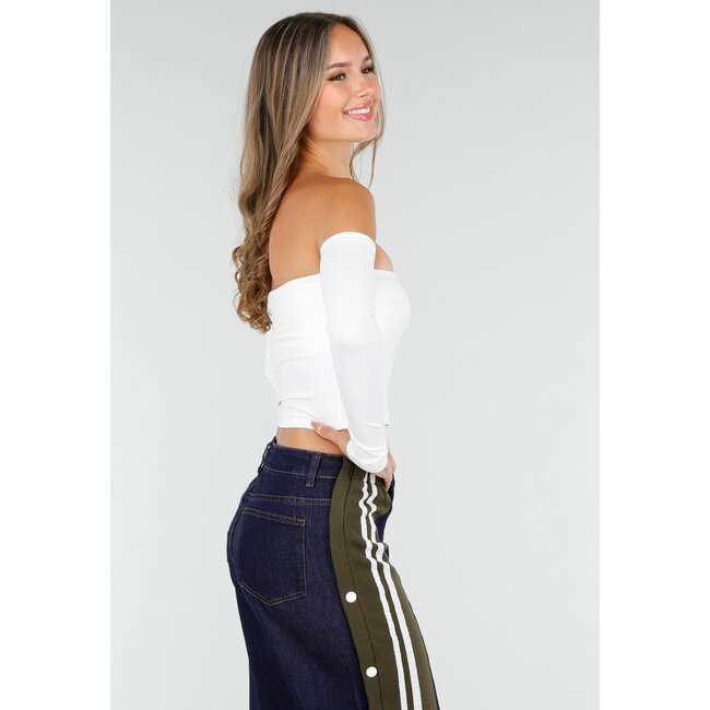 Weißes Off-Shoulder-Oberteil mit langen Ärmeln und Stretchstoff