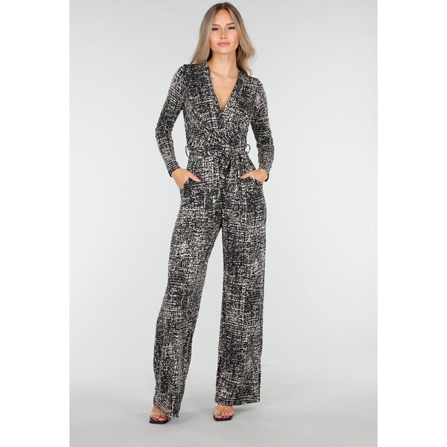 Schwarz-beiger Jumpsuit mit Print und Gürtel