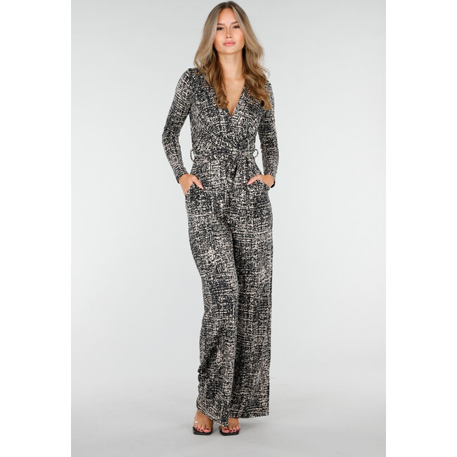 Schwarz-beiger Jumpsuit mit Print und Gürtel