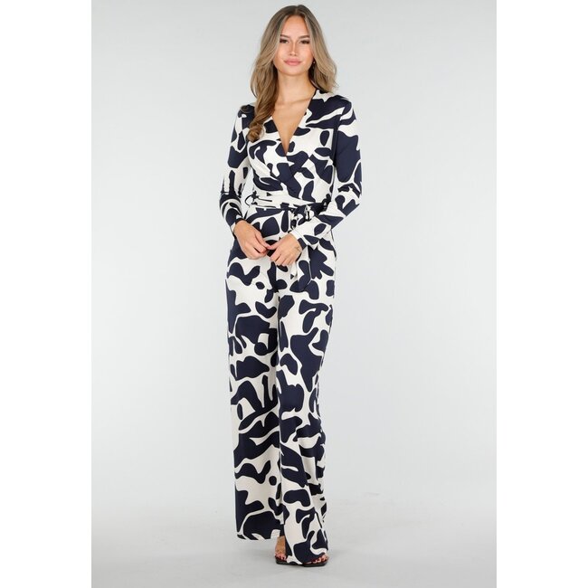 Dark Blue and White Stretch Jumpsuit with Wrap Top