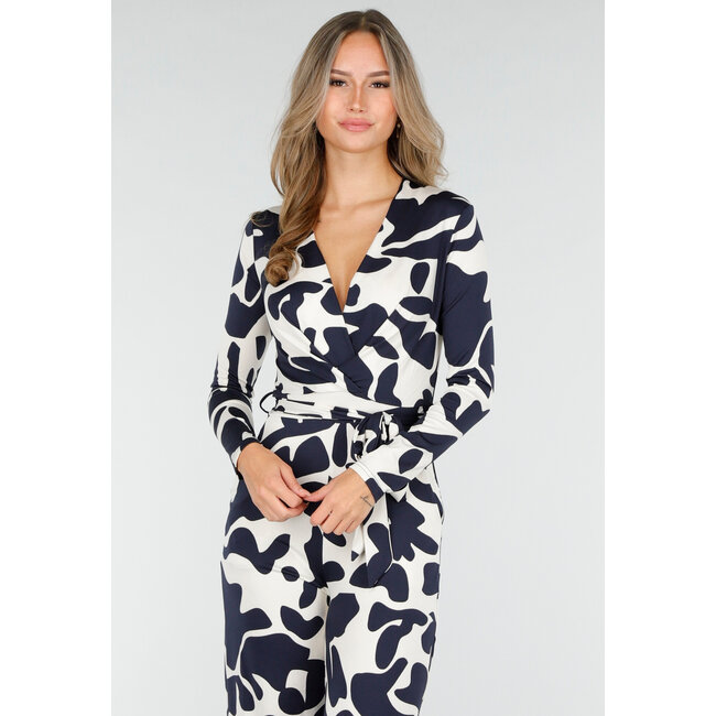 Dark Blue and White Stretch Jumpsuit with Wrap Top