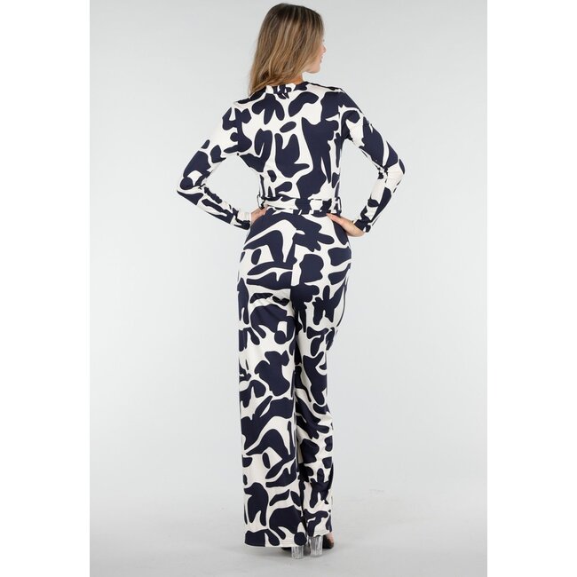 Dark Blue and White Stretch Jumpsuit with Wrap Top