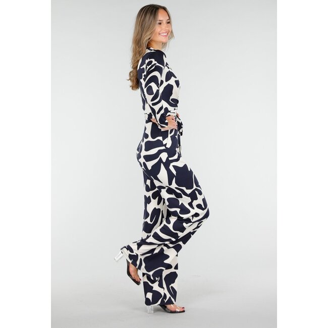 Dark Blue and White Stretch Jumpsuit with Wrap Top
