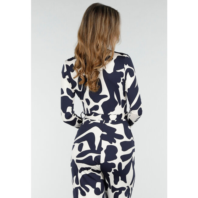Dark Blue and White Stretch Jumpsuit with Wrap Top