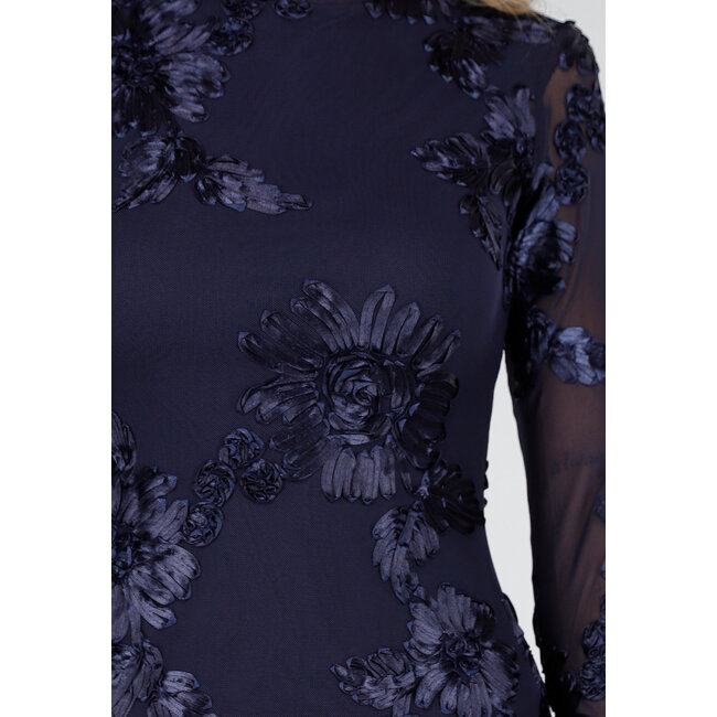 Dark Blue Long Dress with Stretch and Floral Texture