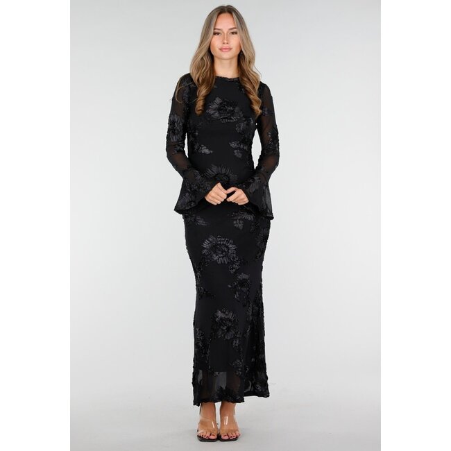Schwarzes langes Kleid mit Stretch und Blumenstruktur
