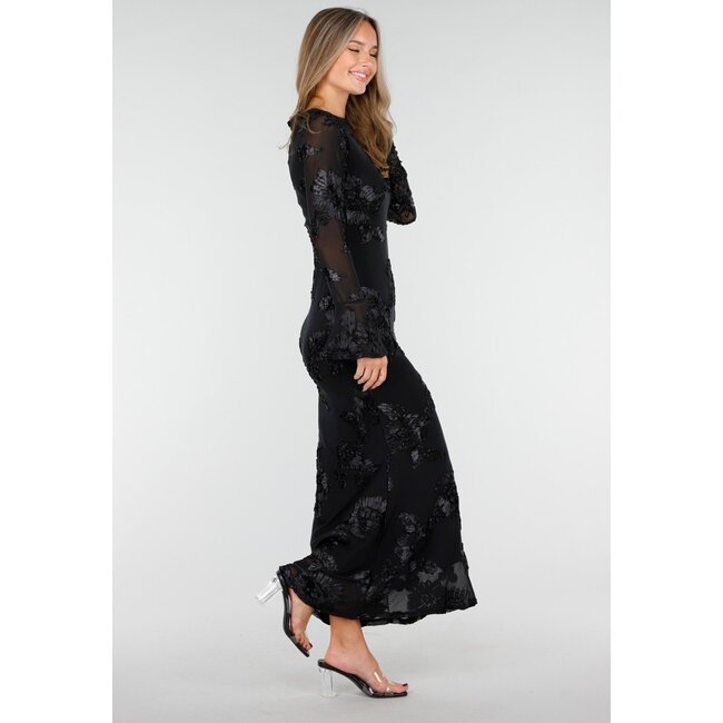 Schwarzes langes Kleid mit Stretch und Blumenstruktur