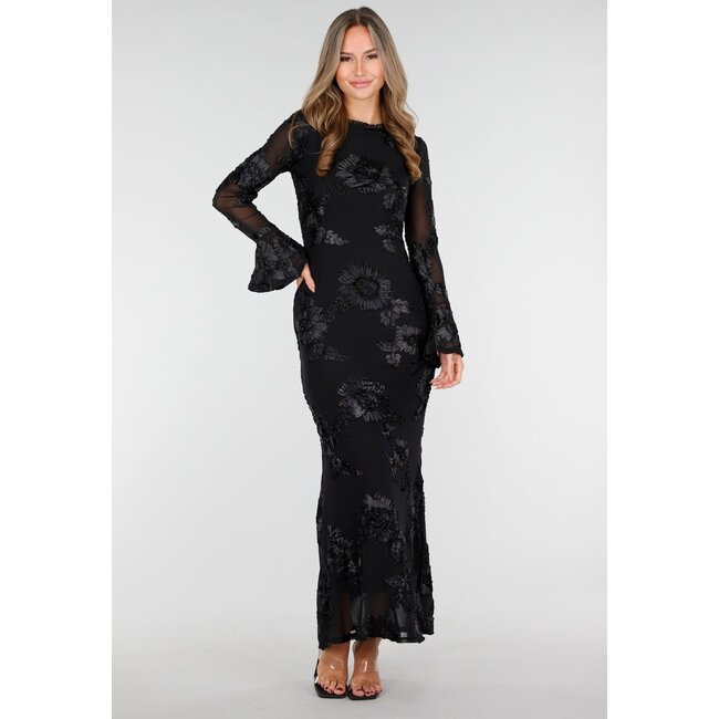 Schwarzes langes Kleid mit Stretch und Blumenstruktur