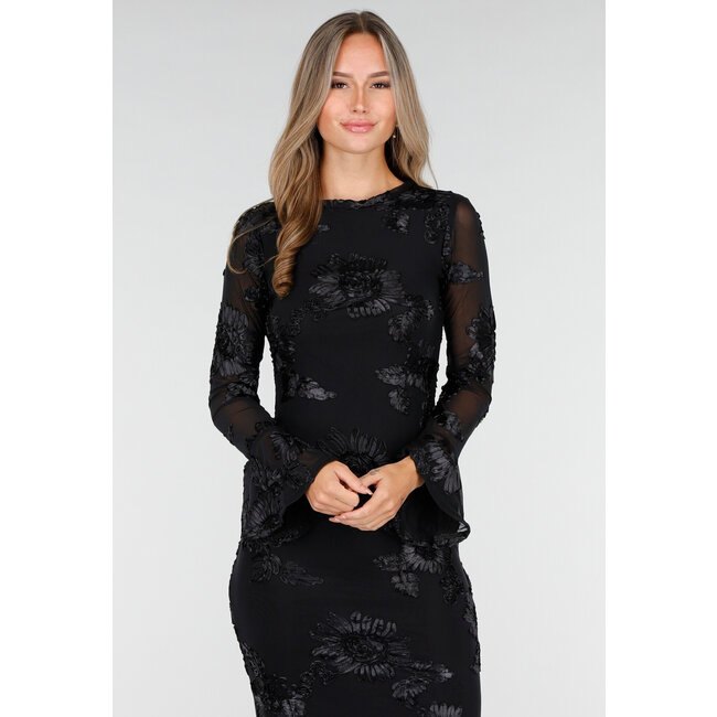 Schwarzes langes Kleid mit Stretch und Blumenstruktur
