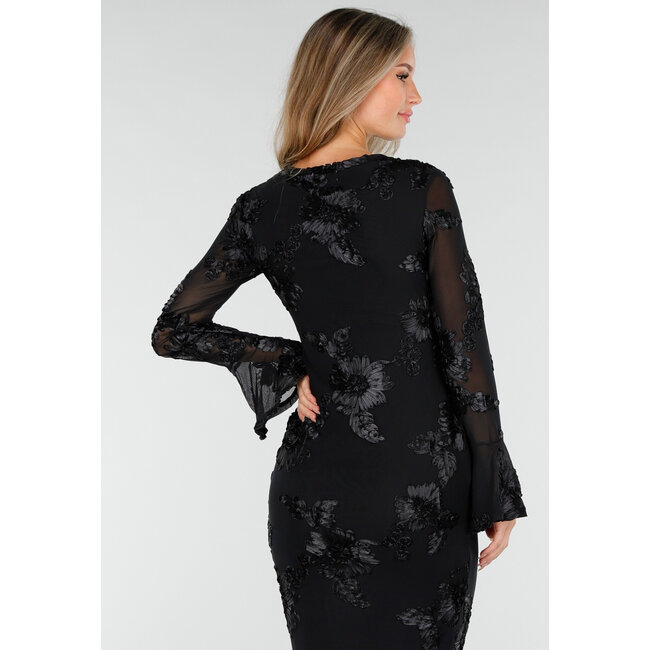 Schwarzes langes Kleid mit Stretch und Blumenstruktur