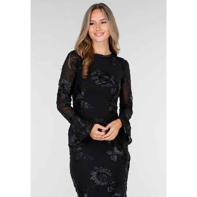 Schwarzes langes Kleid mit Stretch und Blumenstruktur